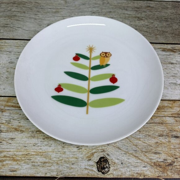 Rachael Ray HOLIDAY HOOT Christmas Tree Owl Stars Porcelain Salad Plates Set 4 - Picture 8 of 16